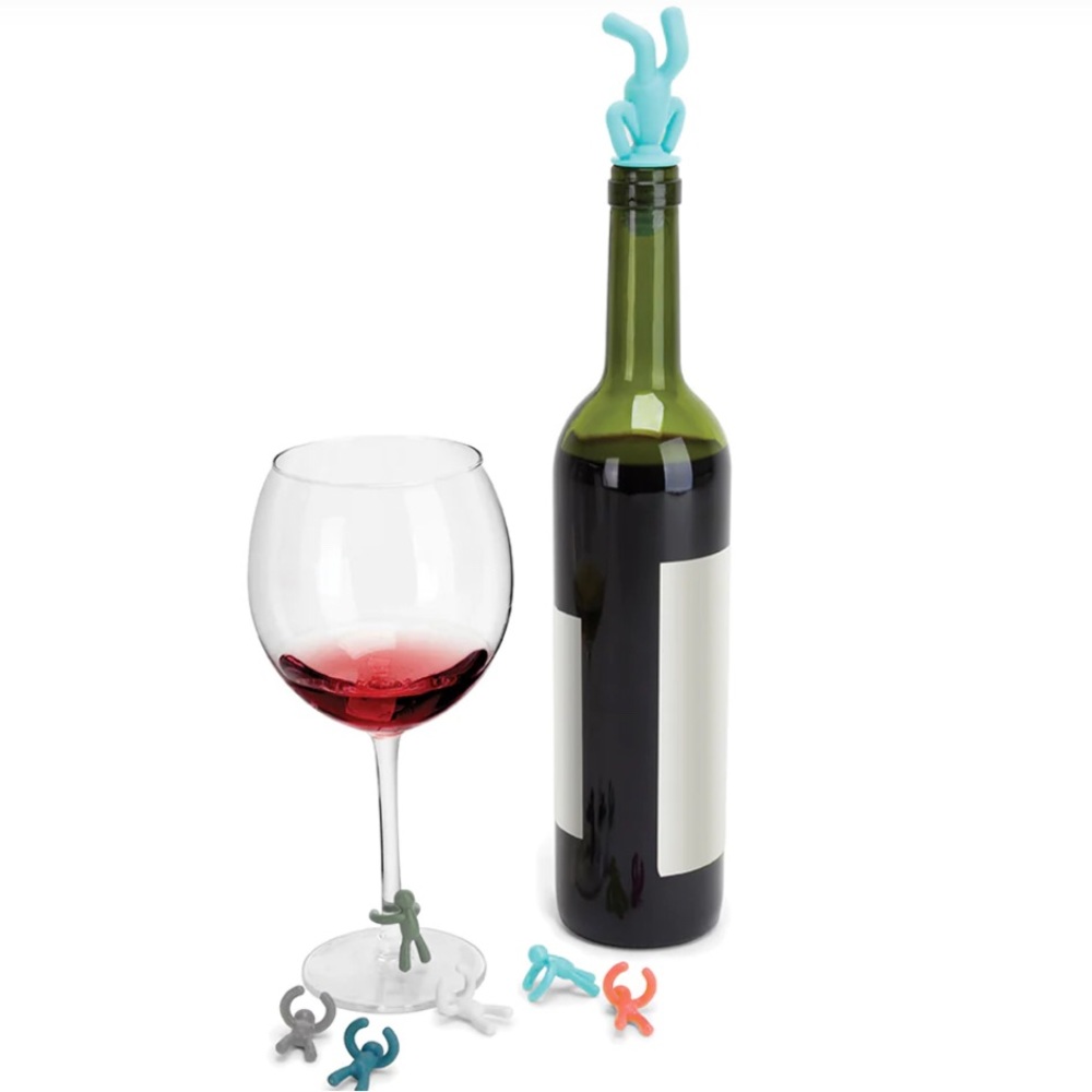 NIB UMBRA Drinking Buddy Wine Bottle Stopper & Six Wine Glass Charms